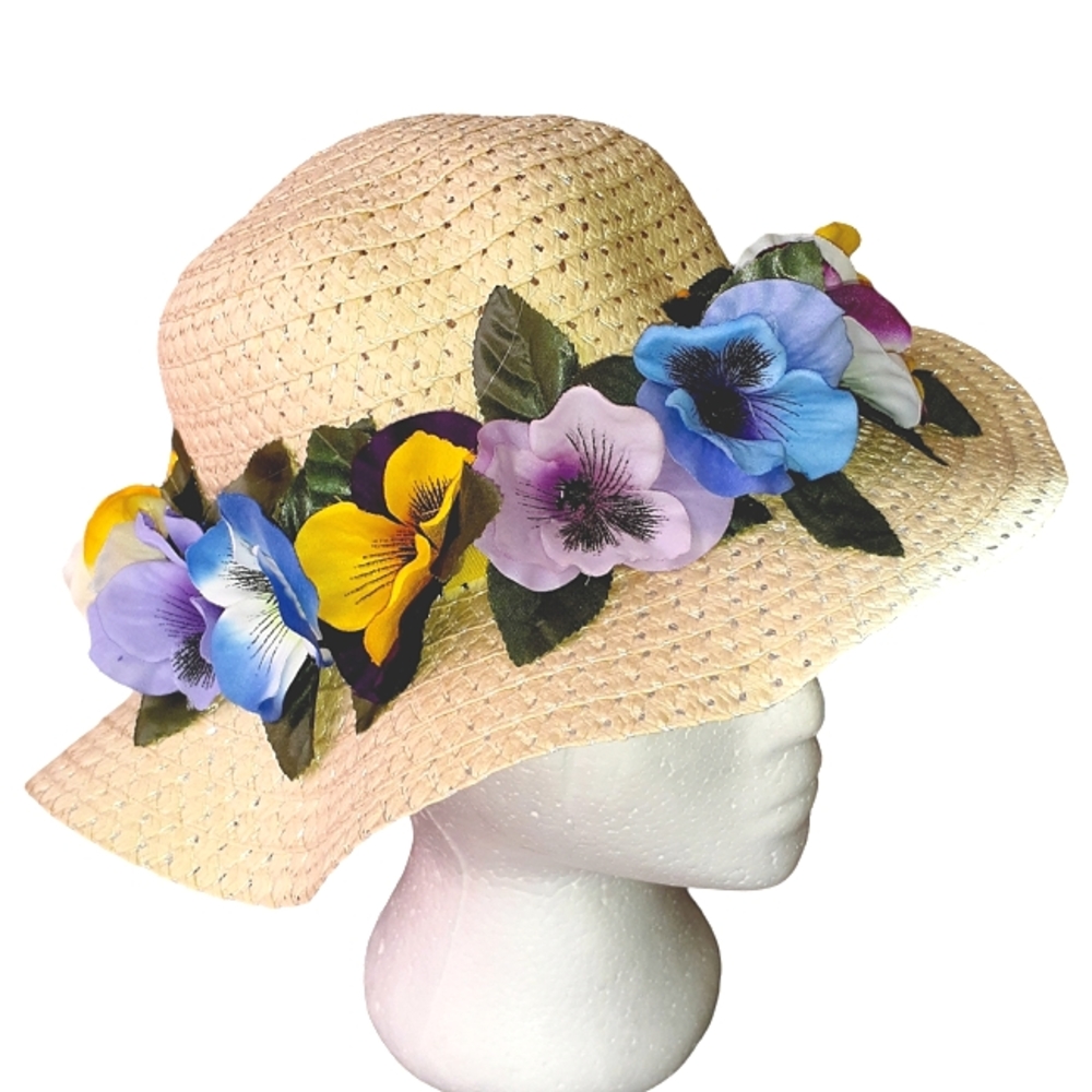 GROOVY GLAM Flower Power Beige Wide Brim Straw Hat with Silk Pansies - Picture 6 of 10
